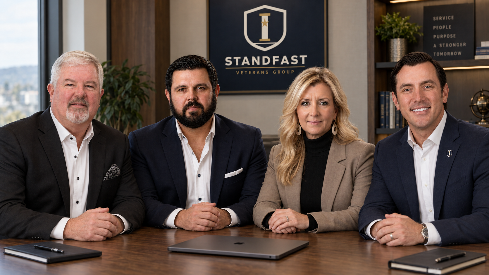 AI-composited portrait of the Standfast Veterans Group team: Robert Kelley, Loy O'Kelley, Dr. Carrie Caldwell Johnson and Brandon Barber